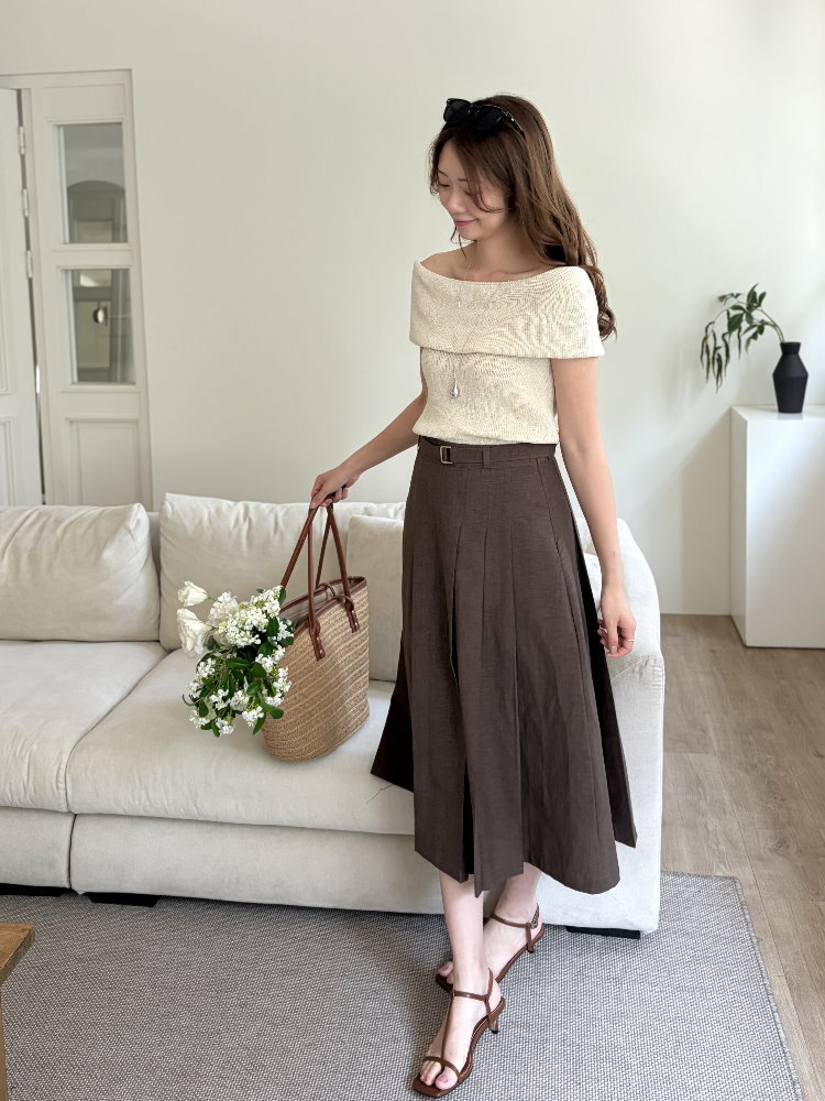 Linen Blend Pleated Skirt (Brown)