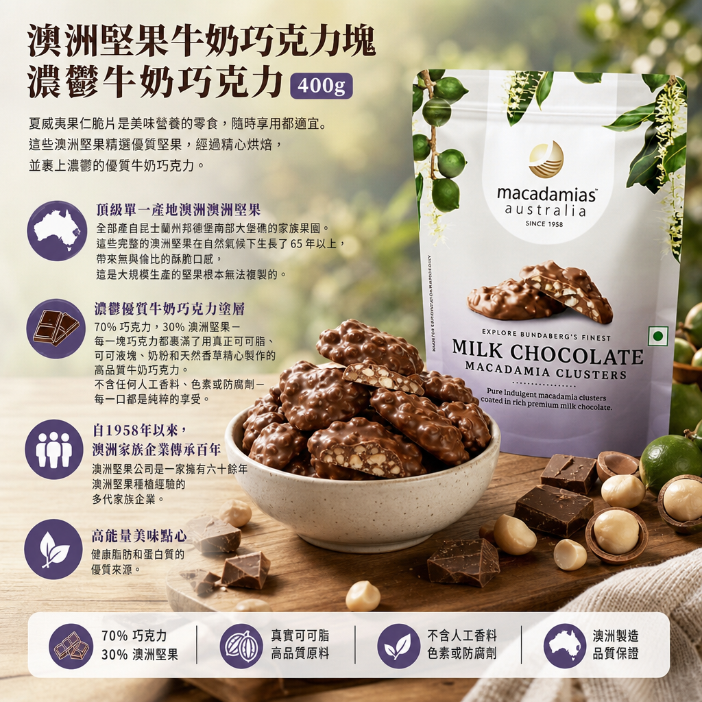 澳洲Costco 澳洲堅果牛奶巧克力塊濃鬱牛奶巧克力400g