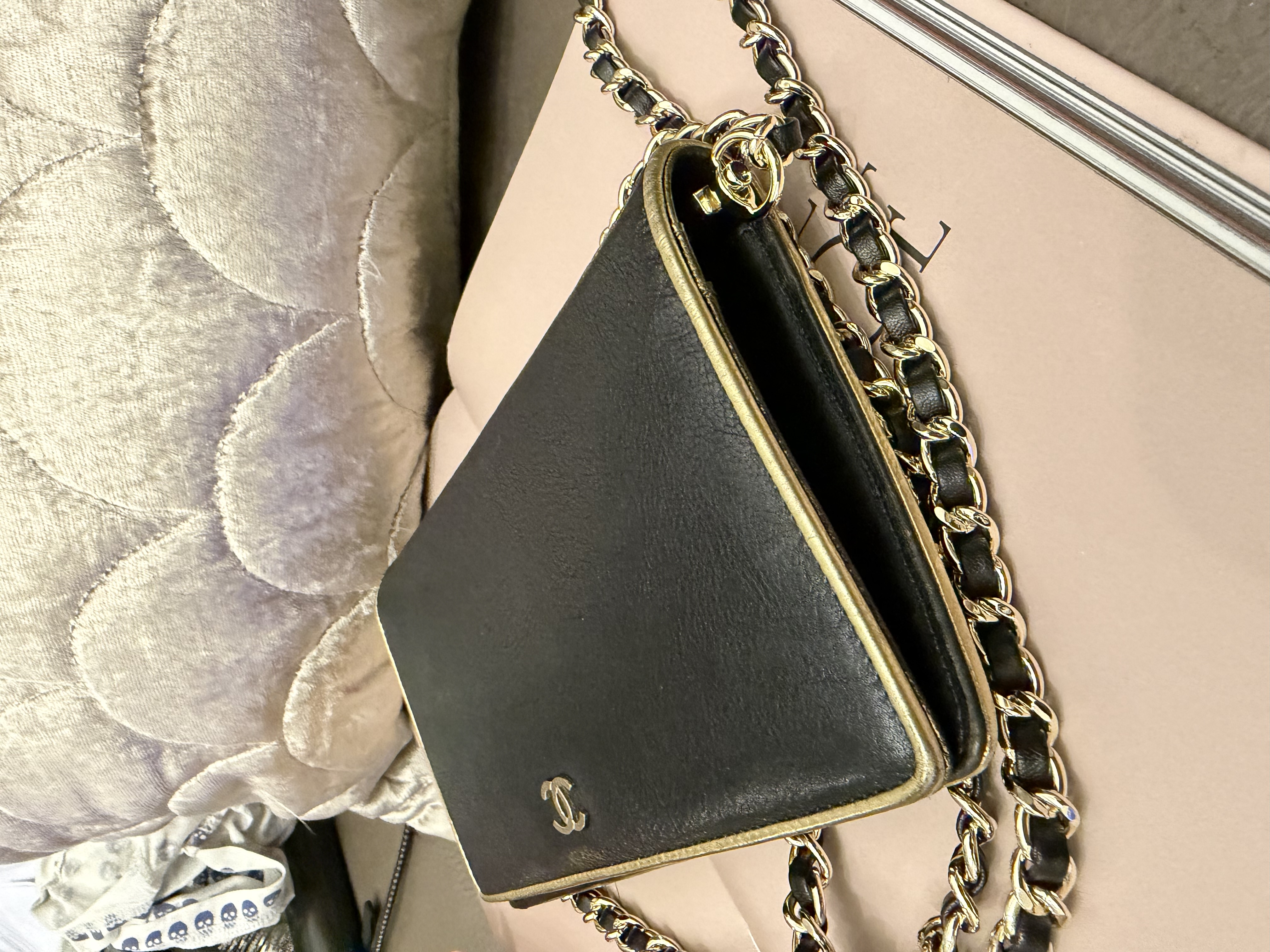 Chanel black champagne gold long wallet