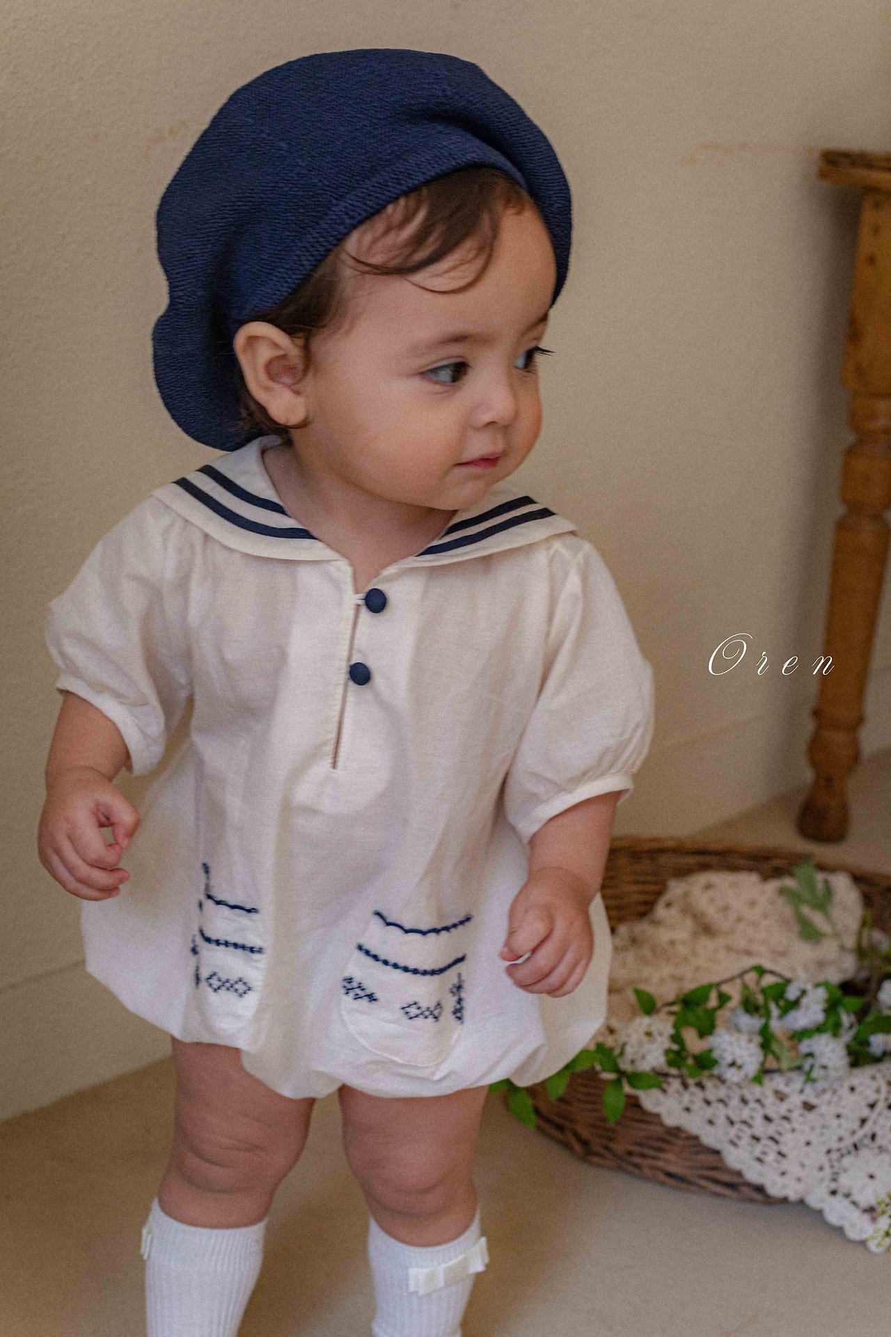 ☀️預訂 韓國直送☀️🇰🇷Oren Marinette兩色海洋風水手領刺繡短袖包屁衣/連身裙/上下套裝