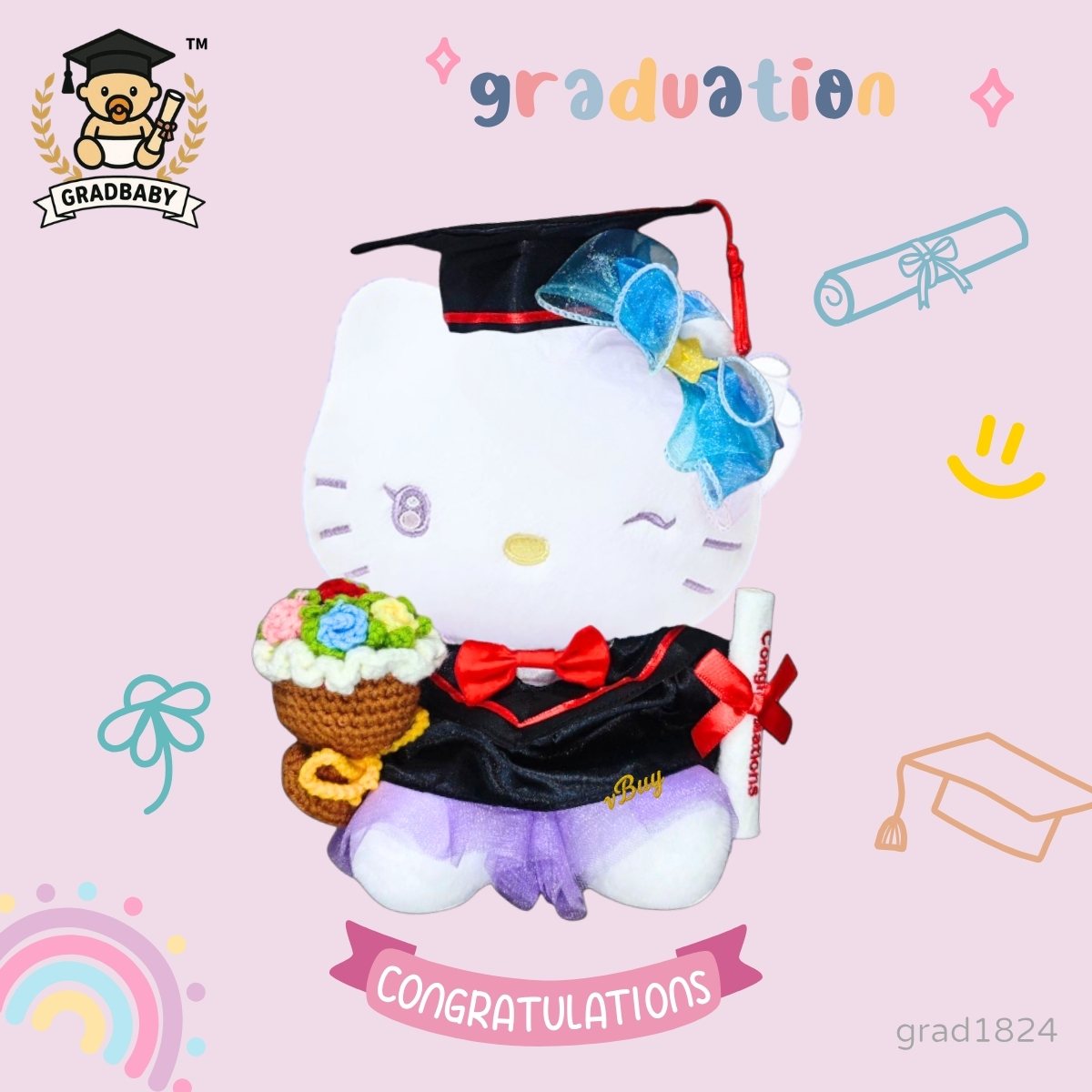  正版 Sanrio Hello Kitty 畢業公仔｜手織花束＋可加綉名｜生日禮物、畢業紀念推薦【現貨發售】grad1824