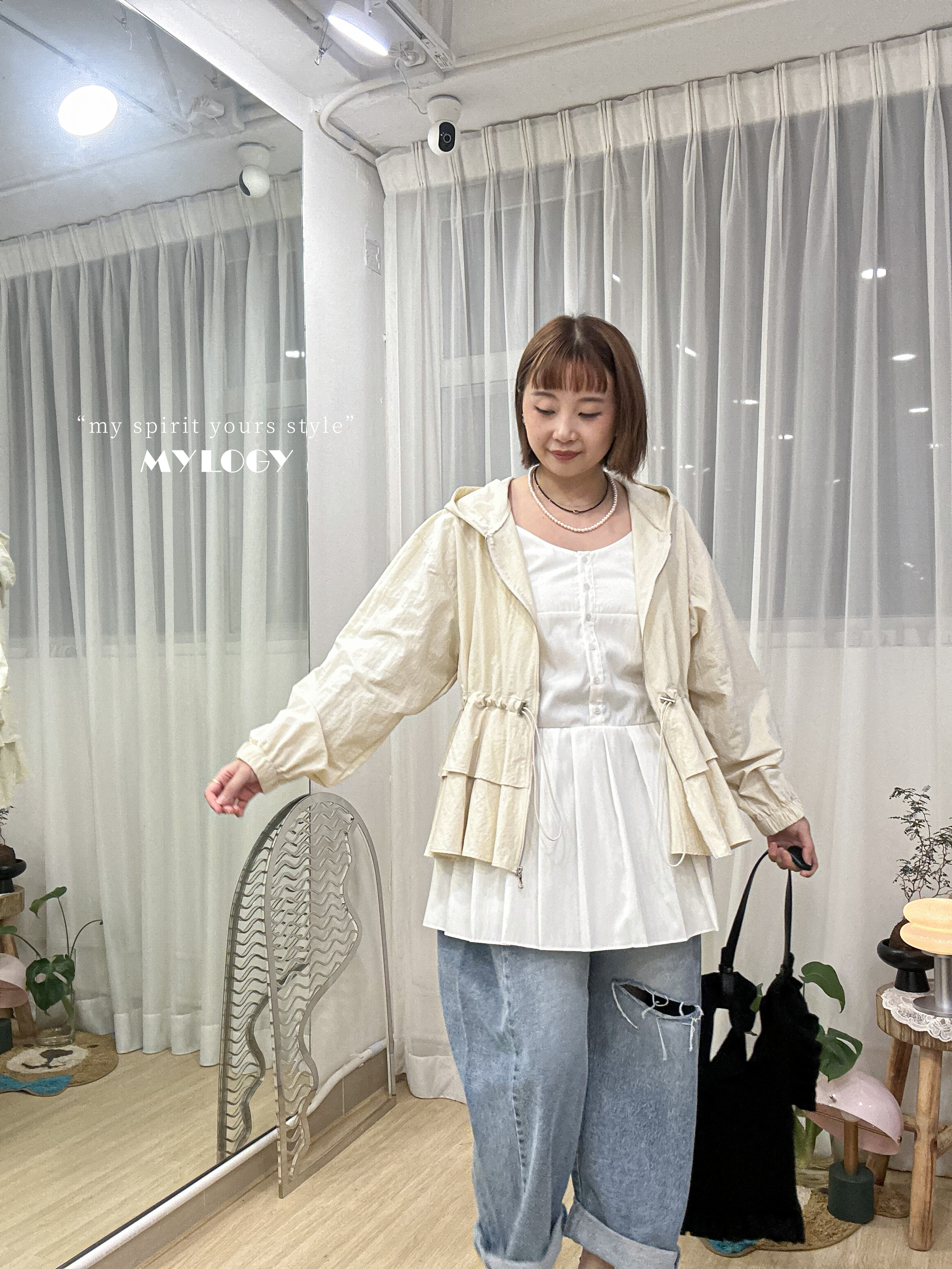 非典型少甜～束腰索繩Double Ruffle連帽風衣 J0002 - 白色 Ivory