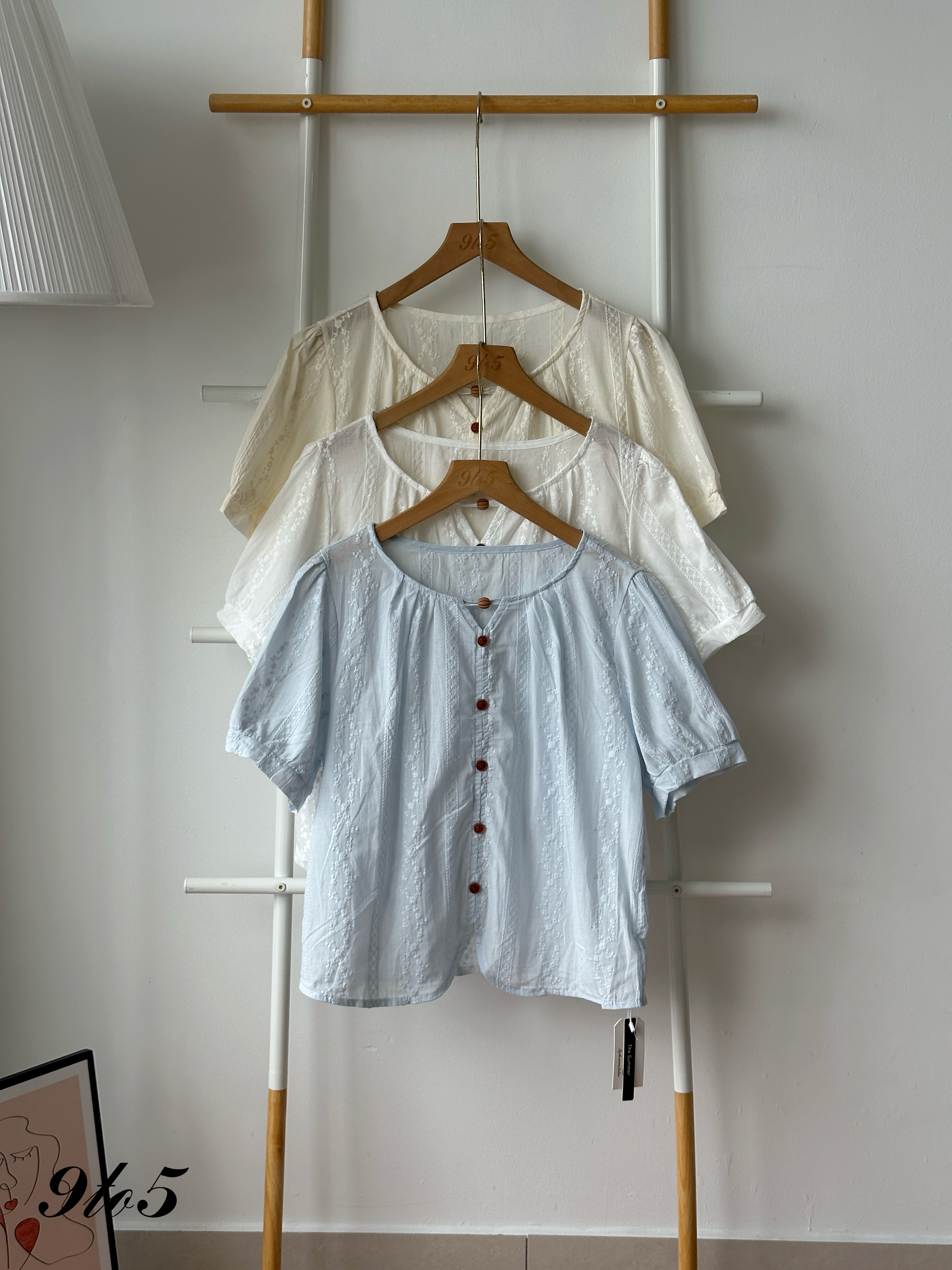 T4421 Puff Sleeve Embroidery Floral Blouse - 3 Colors 