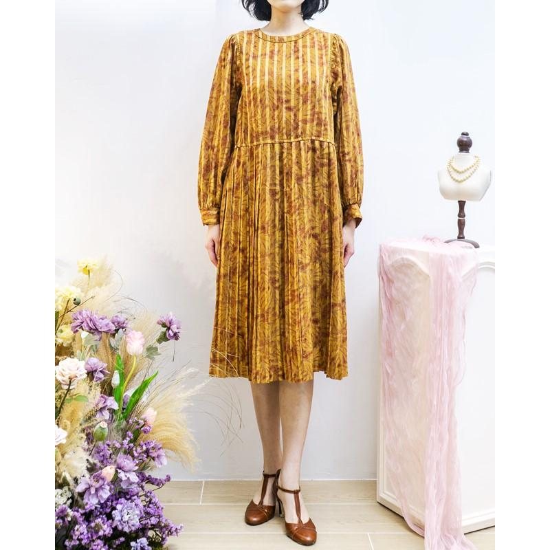 Vintage Japanese Brown and Yellow Vertical Stripe and Leaf Pattern Day Dress（MT1608-76)