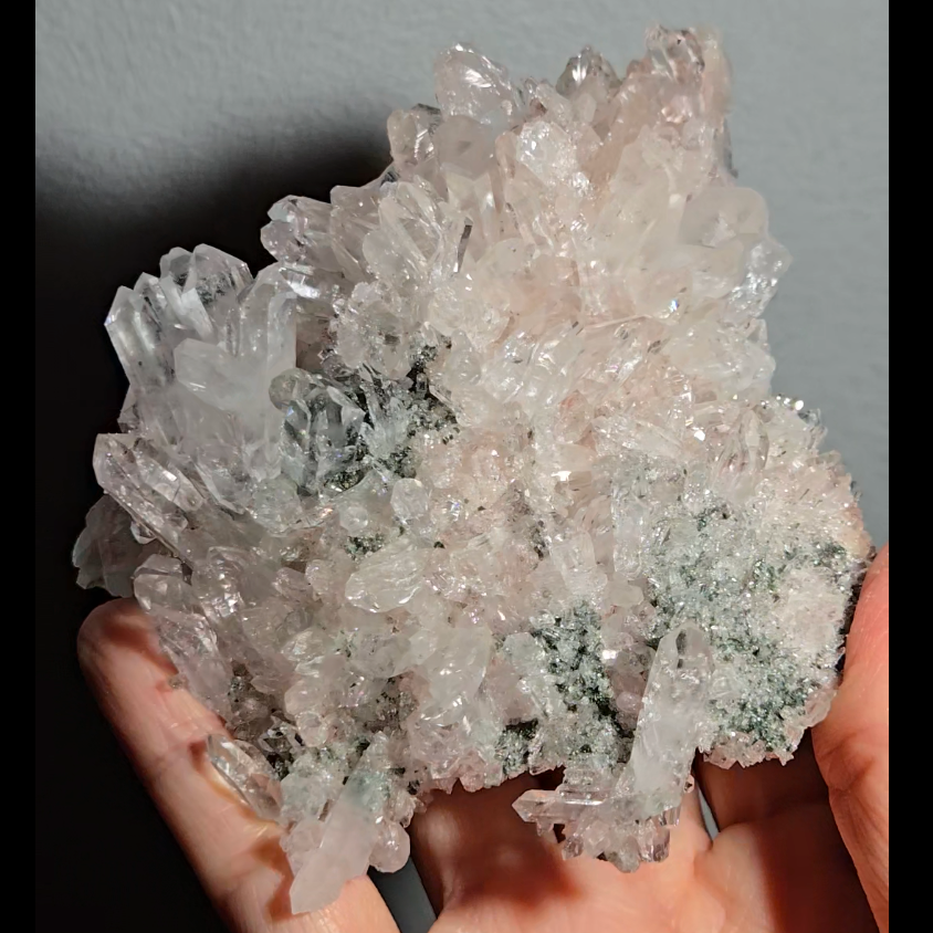 Pink Lemurian quartz cluster with green chlorite, rainbows - LQ189