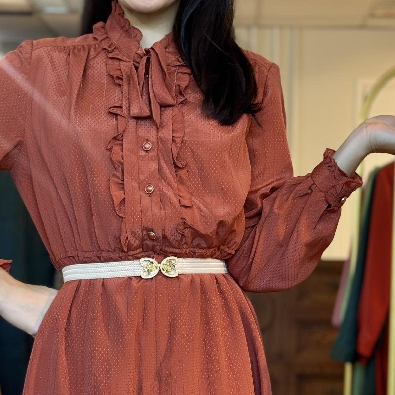 Vintage Dotted and Glittering Fabric Redish Brown Day and Night Dress With Ruffle Collar (PP001-22)