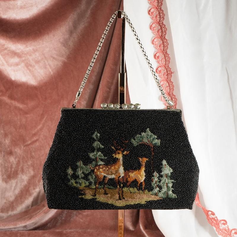 Vintage 1980-90s Midnight Forest Deer Beaded Bag - New Old Stock (NA0782)