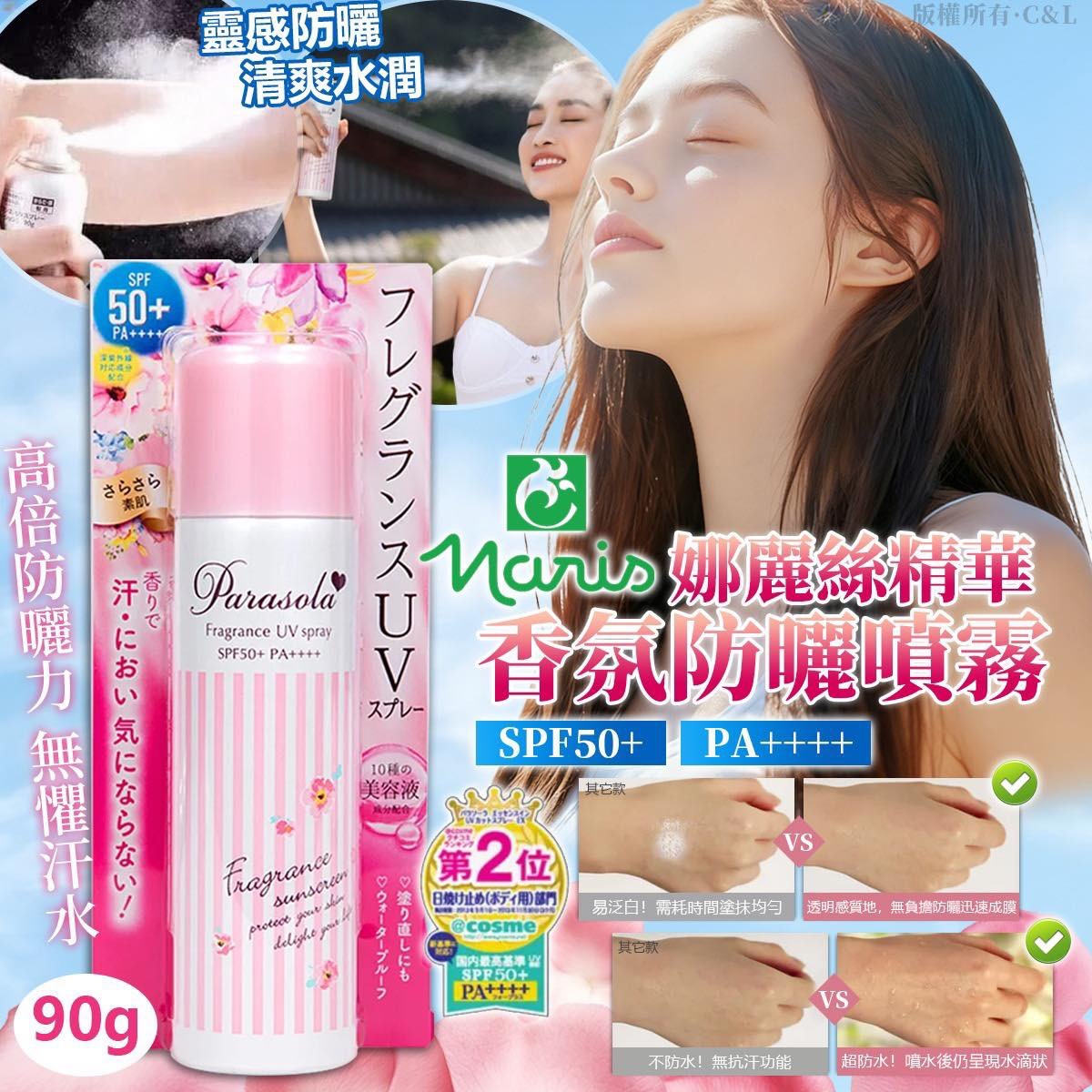 （約5月中到貨）🇯🇵日本Naris 娜麗絲精華香氛防曬噴霧SPF50+PA++++ 90g 💕