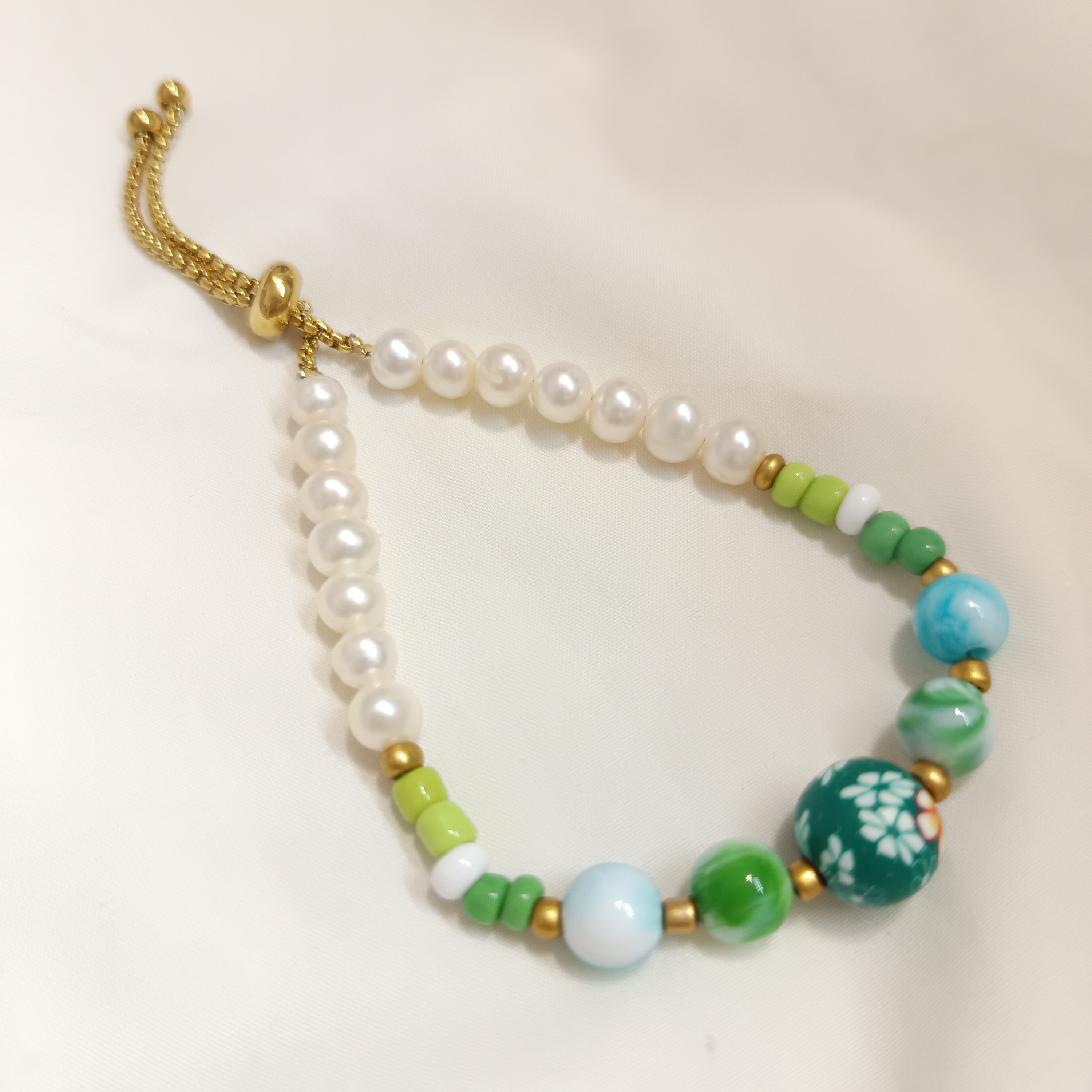 日式壓克力水彩花球珠+精品淡水珍珠索帶扣手鍊