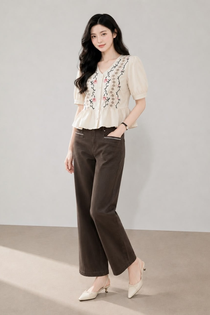 800081 Camellia Embroidered Peplum Top