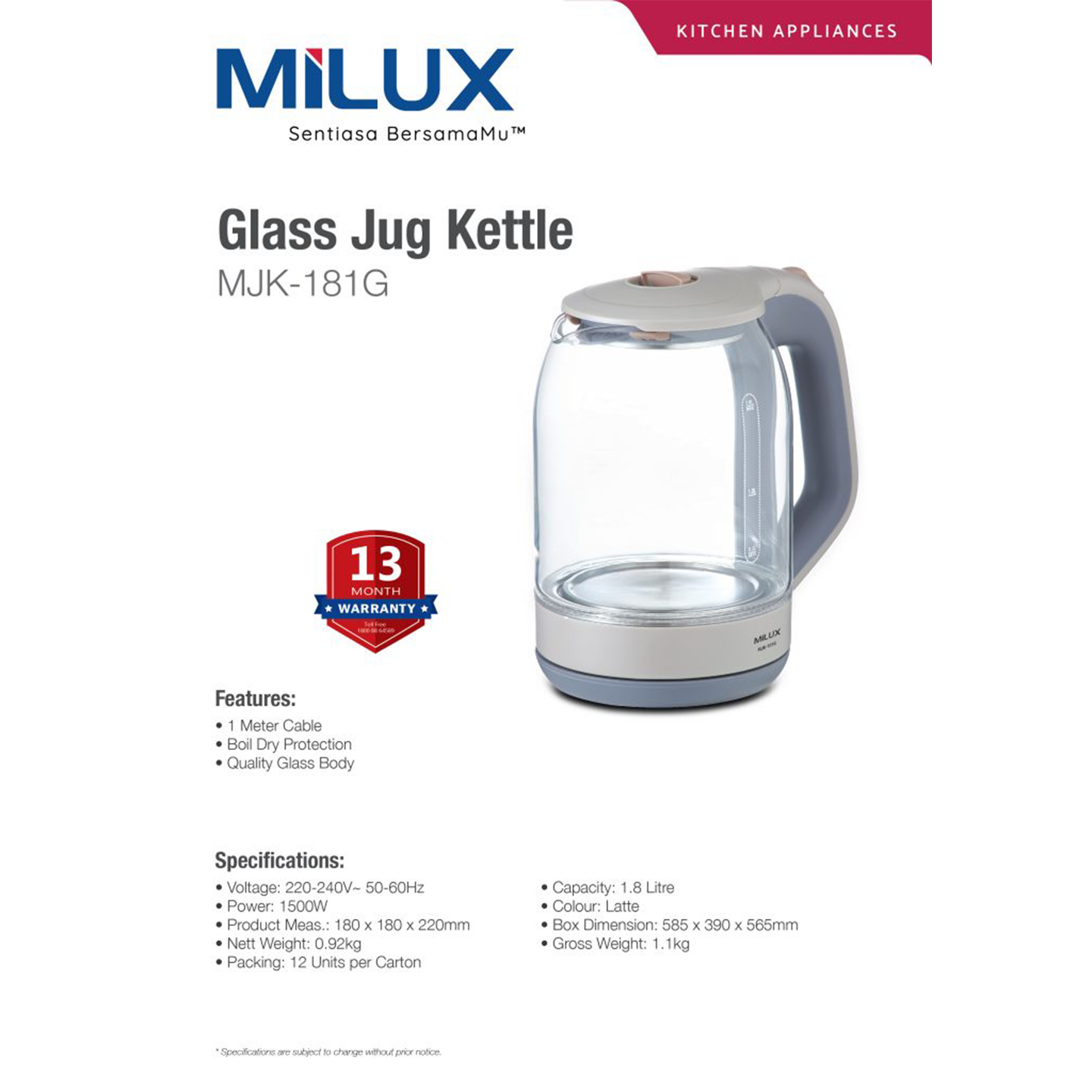 Milux 1.8L Glass Jug Kettle (MJK-181G)
