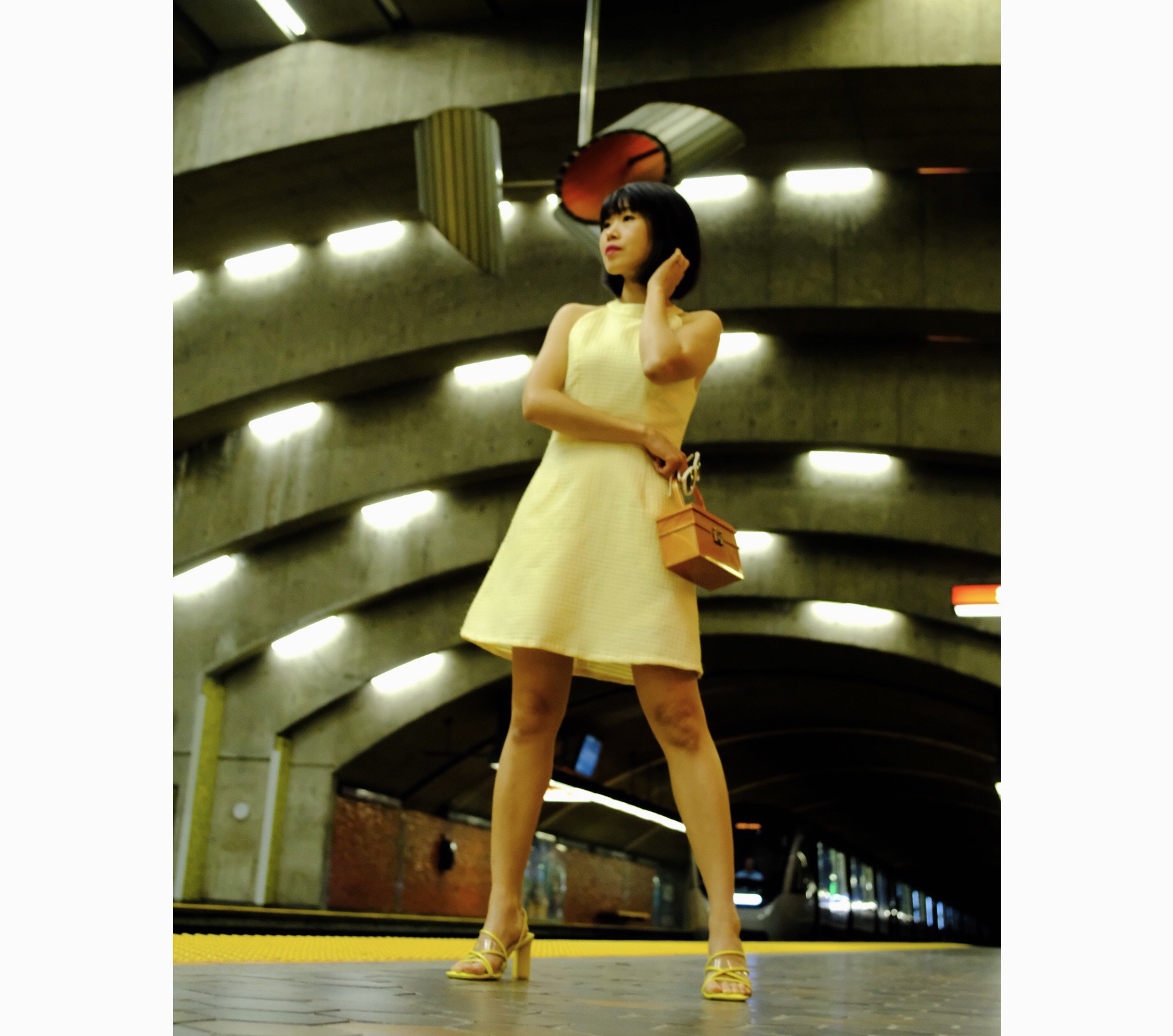 (Ready-made)1960s MOD Yellow Raised Geometric Pattern A-Line Dress(FM135)