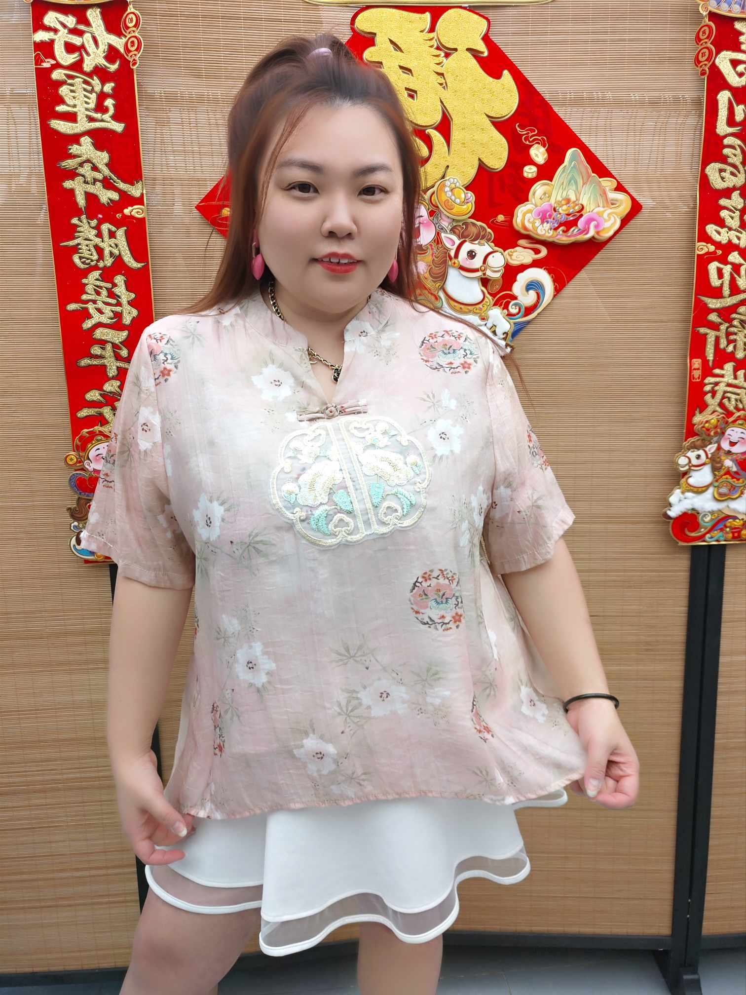 DDH11 小V领刺绣新中式冰丝棉麻上衣