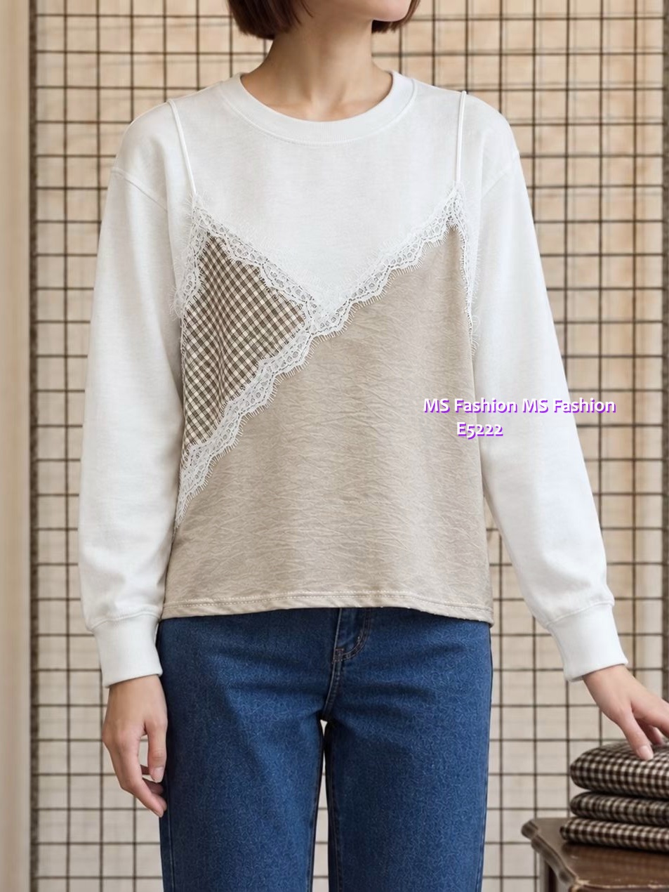 E5222 格紋lace拼布top