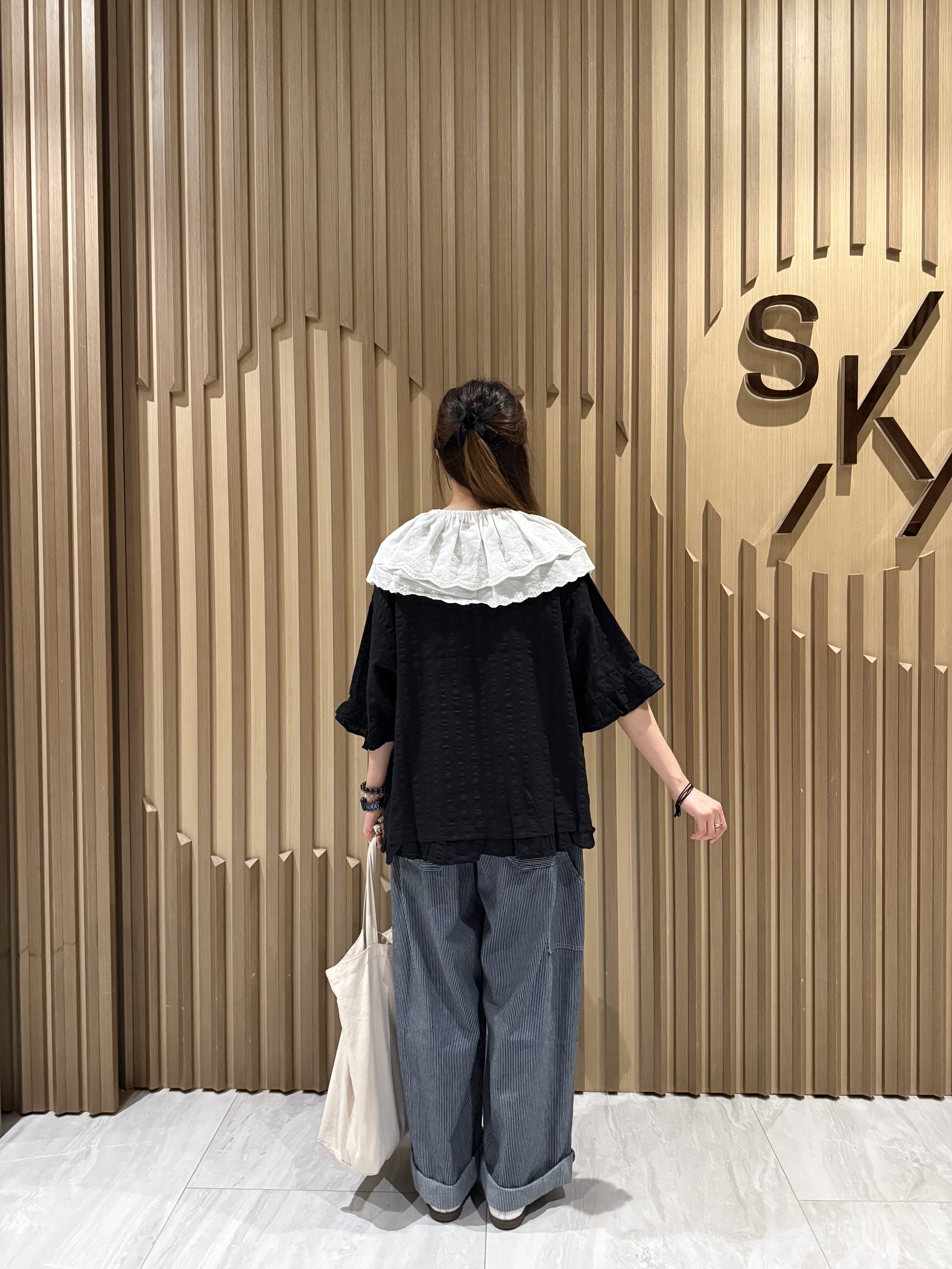 牛仔間條直腳褲