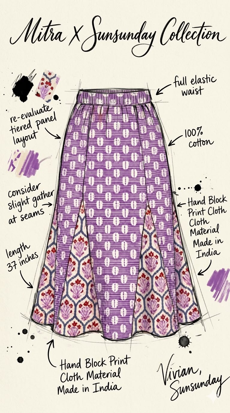 SSD001 Purple Block Print Patch Work Skirt 37"