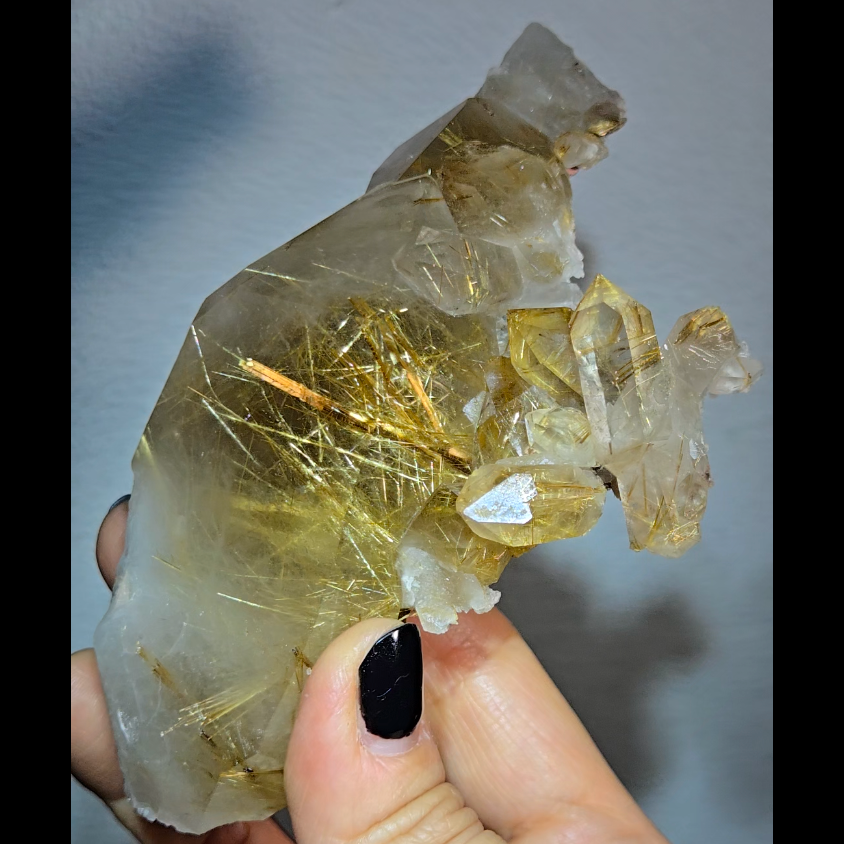 Golden titanium rutiles on black hematite in quartz cluster - RT1443