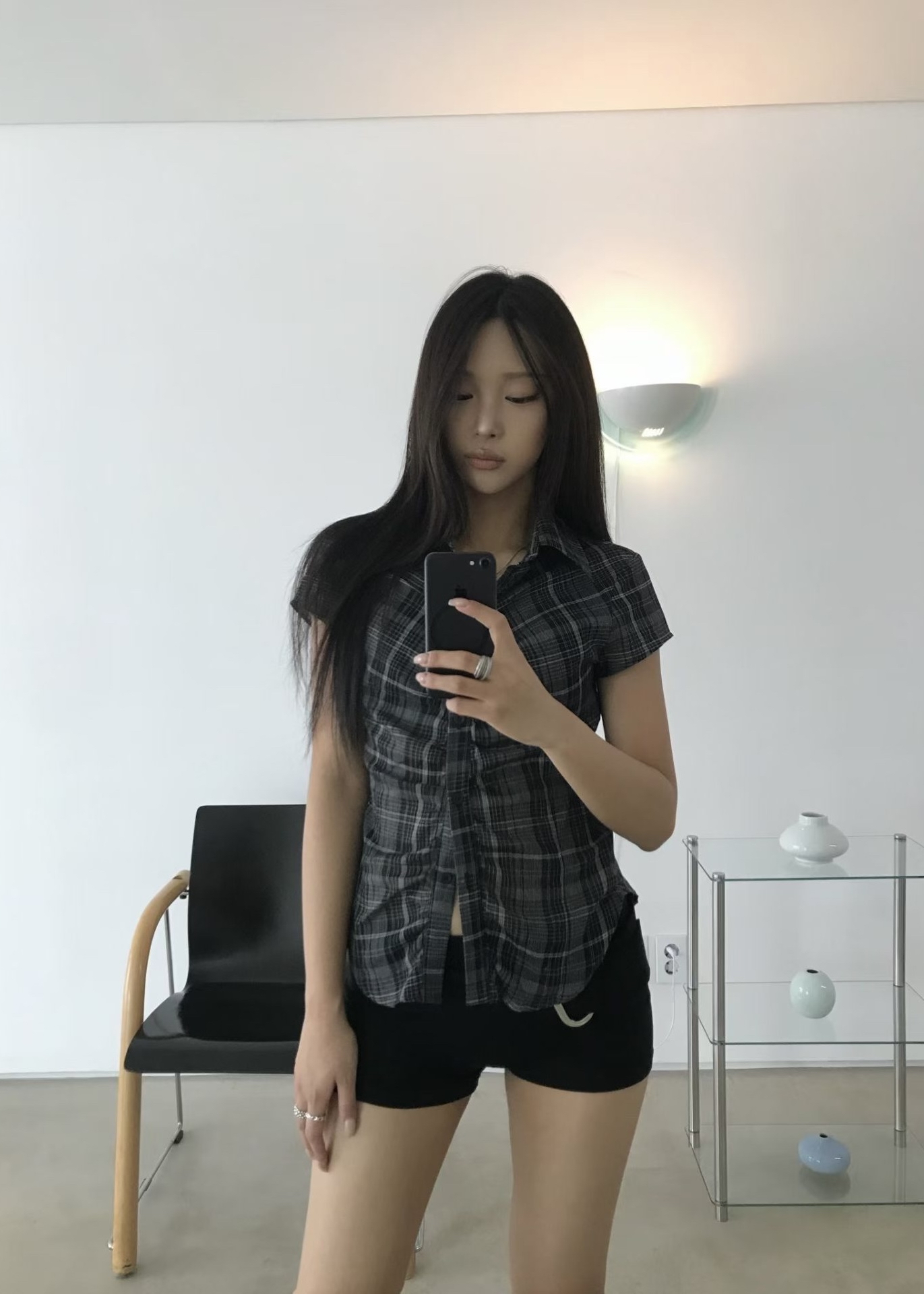 Plaid Shirred Button-Up Blouse