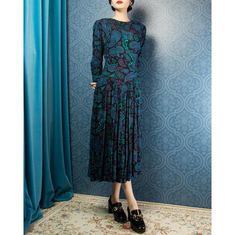 C.a. 1980s Made in America Paisley Pattern Dress (Mu102-27)