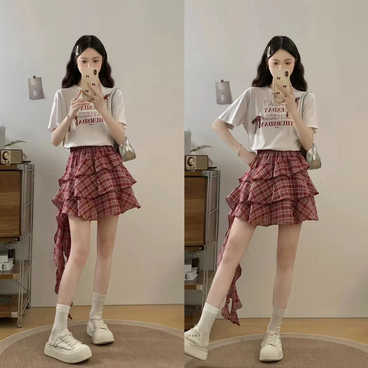 B63(1681) 韩系甜美风MONDAY立体蝴蝶结上衣与层层格纹边飘带短裙红套装 