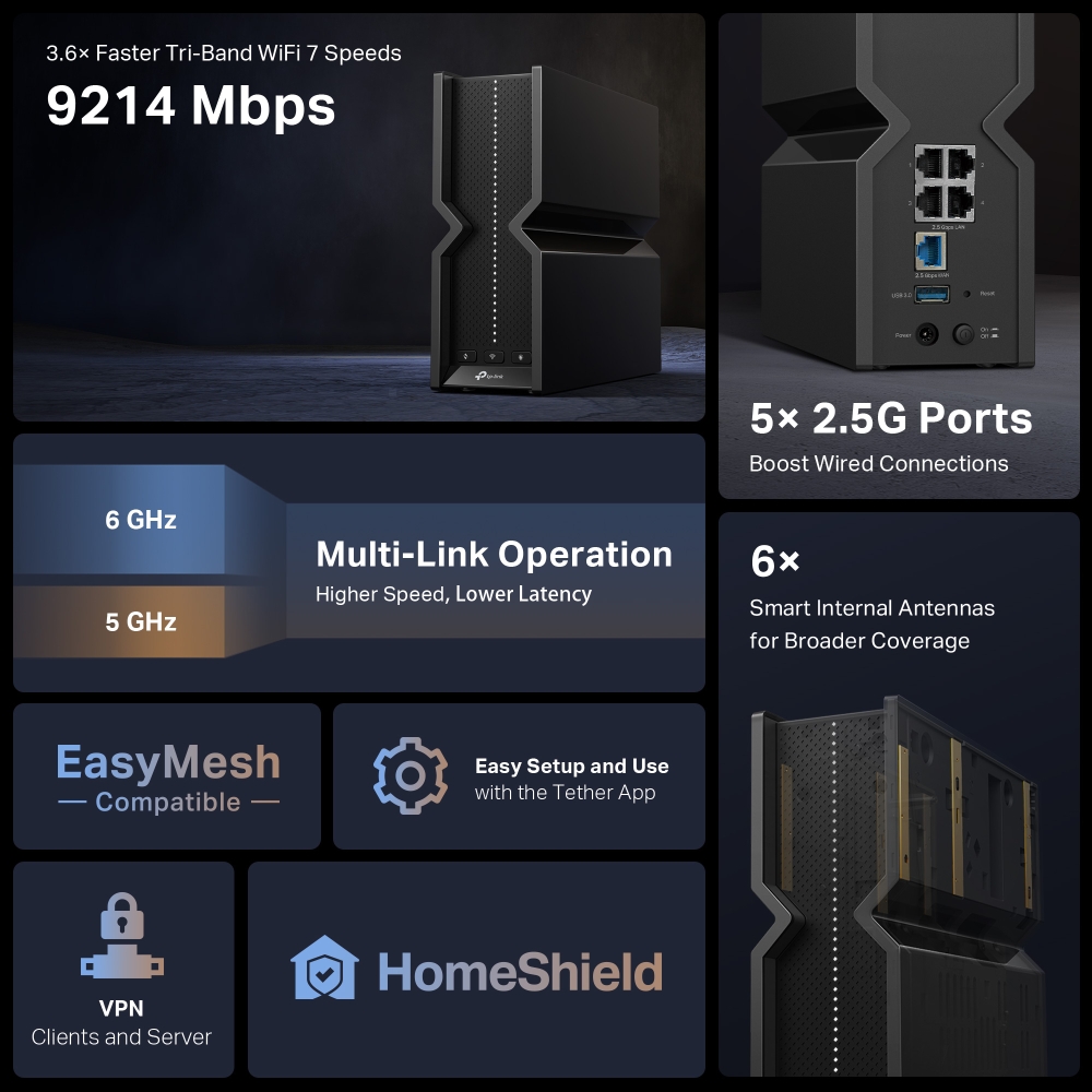 TP-Link Archer BE550 BE9300 Tri-Band Wi-Fi 7 Router | 9214 Mbps, 2.5Gbps Ports, Gaming & 8K Streaming, EasyMesh, HomeShield