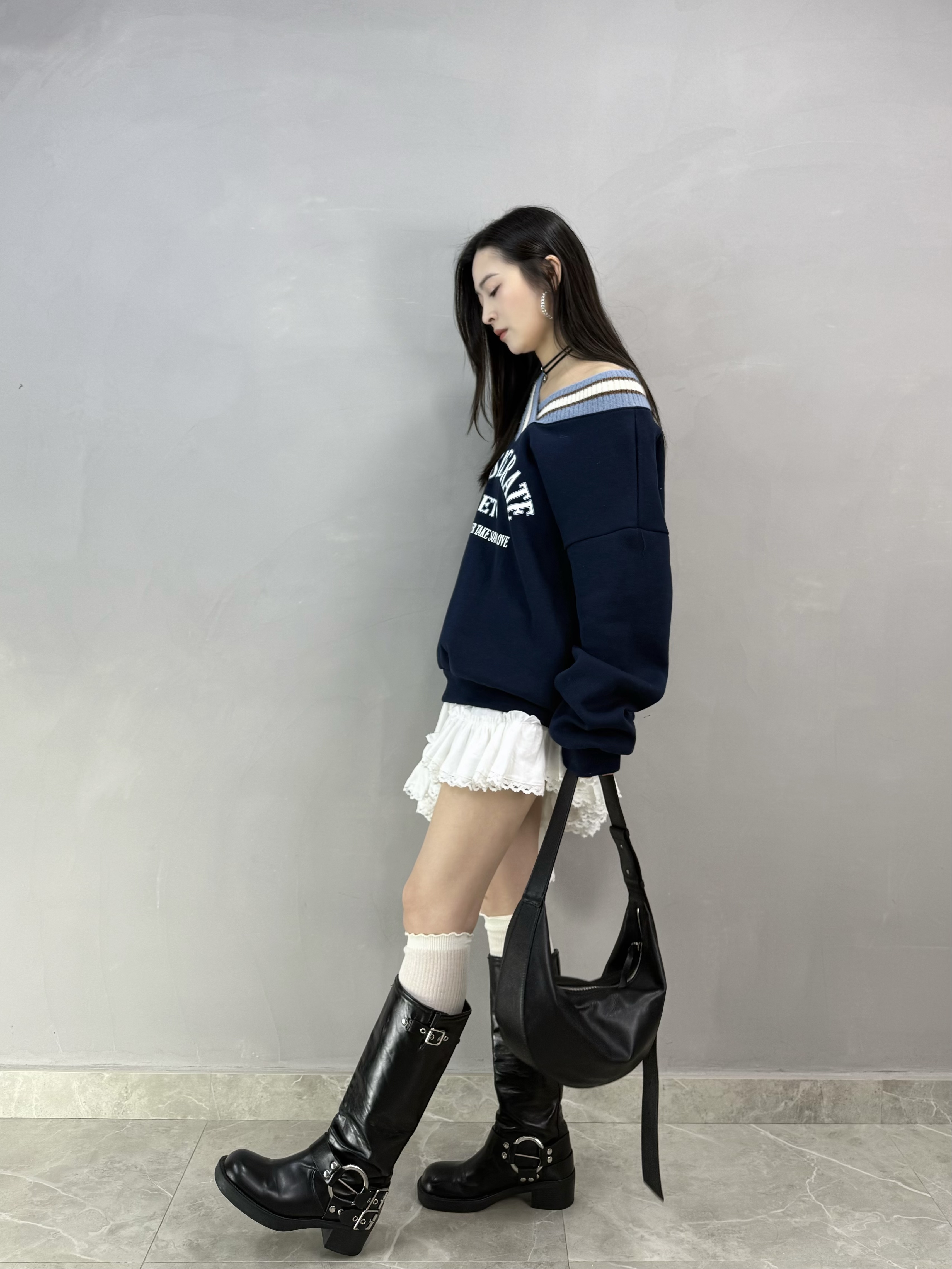 E65 拼針織V領兩著衛衣