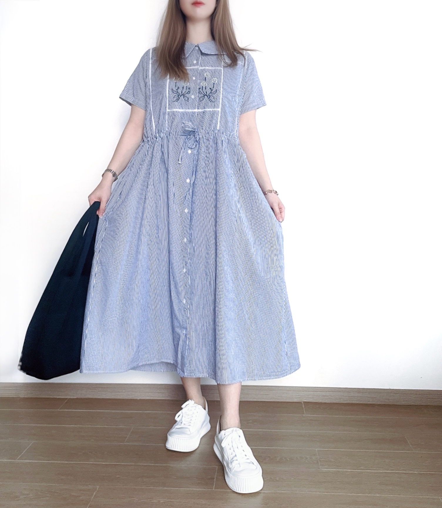 🌼初春優惠🍀 日系條紋刺繡花束腰Ops