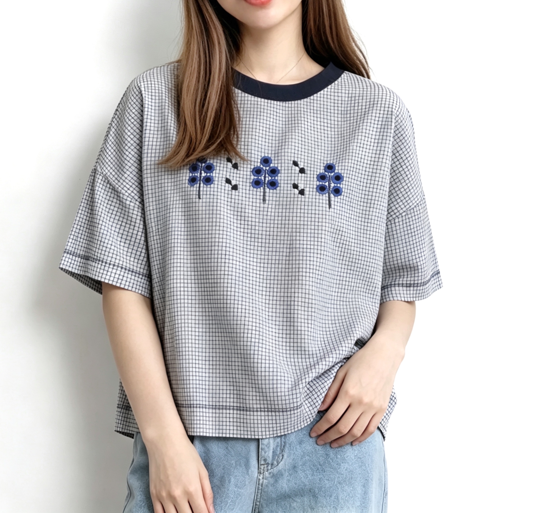 🌼春夏優惠🍀 日系刺繡花Tee - 格子