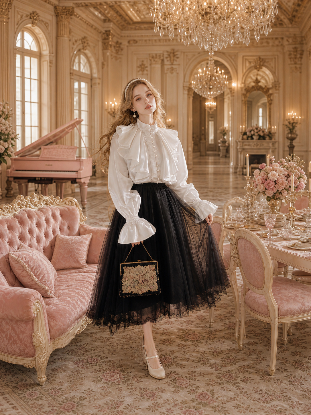 銀河私語維多利亞珍珠荷葉宮廷襯衫Whispers of the Galaxy: Victorian Pearl Ruffle Court Blouse