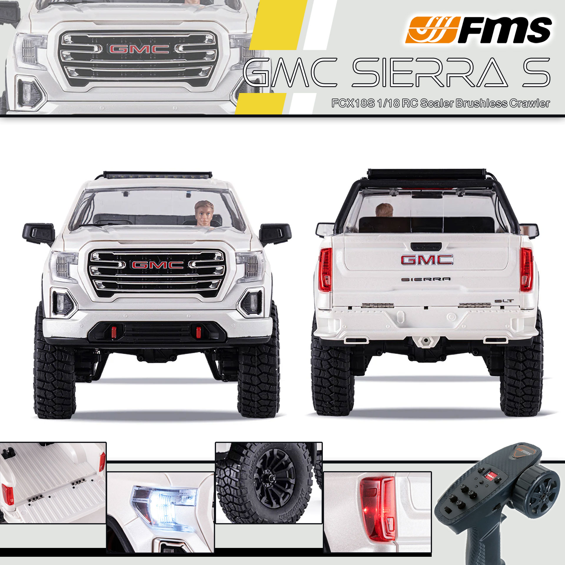 全新 FMS FCX18S 1:18 GMC Sierra S RTR Brushless | General Motors LLC授權 | 無刷版本 | 聯動指揮燈 | 2段機械變速 | 迷你慢爬車 | 遙控車 | 像真迷你遙控車