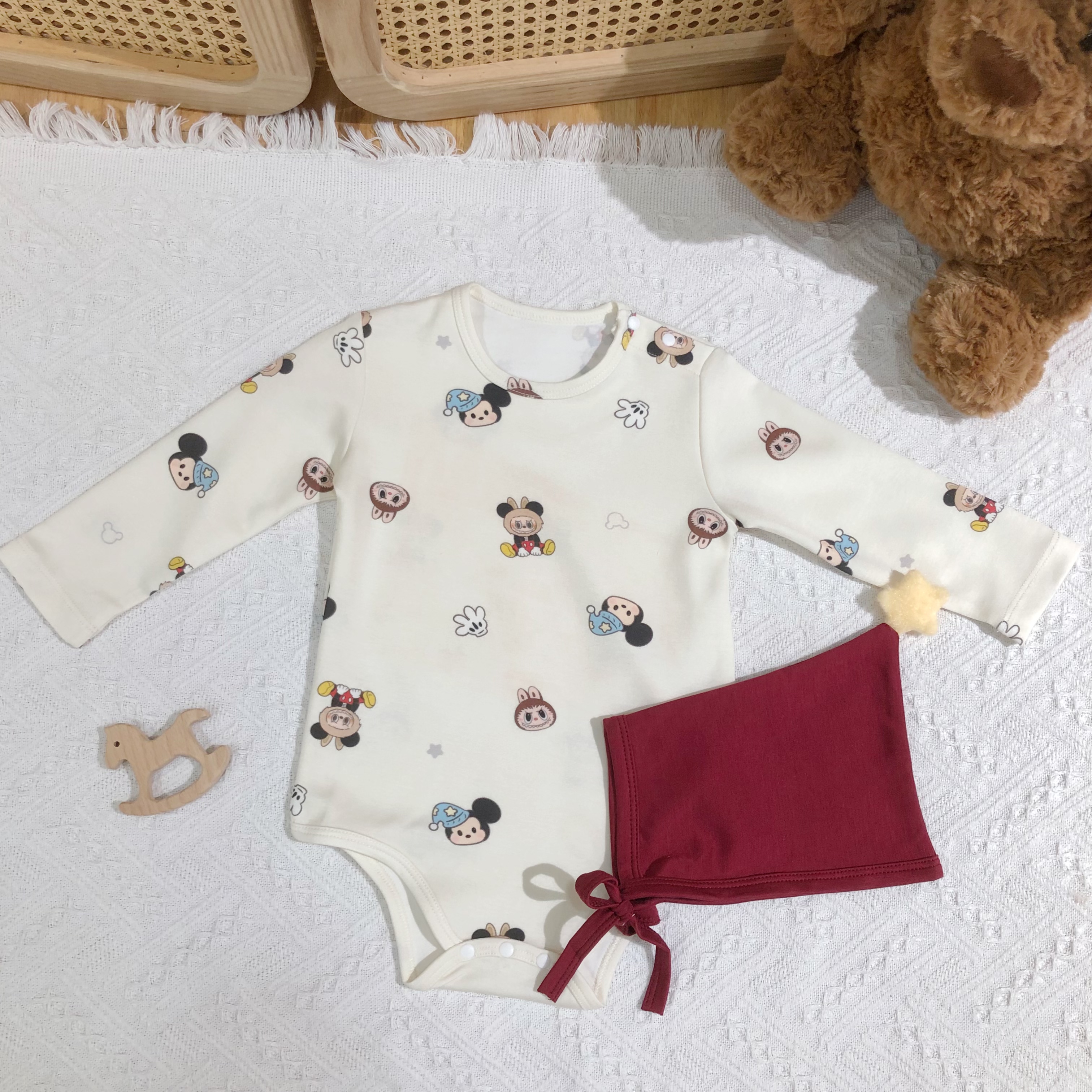 Baby Bodysuit and Hat Set with Cartoon Prints