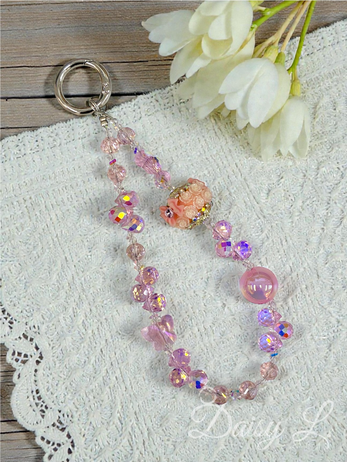 粉色花花水晶手機掛繩
