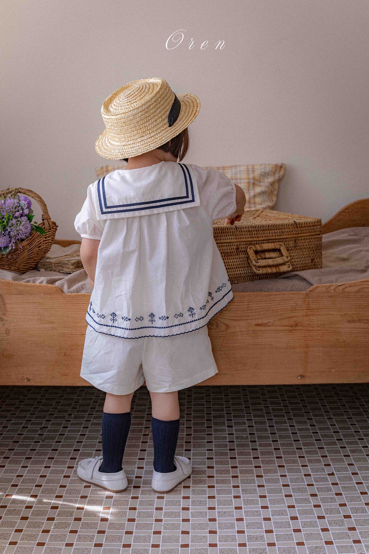 ☀️預訂 韓國直送☀️🇰🇷Oren Marinette兩色海洋風水手領刺繡短袖包屁衣/連身裙/上下套裝