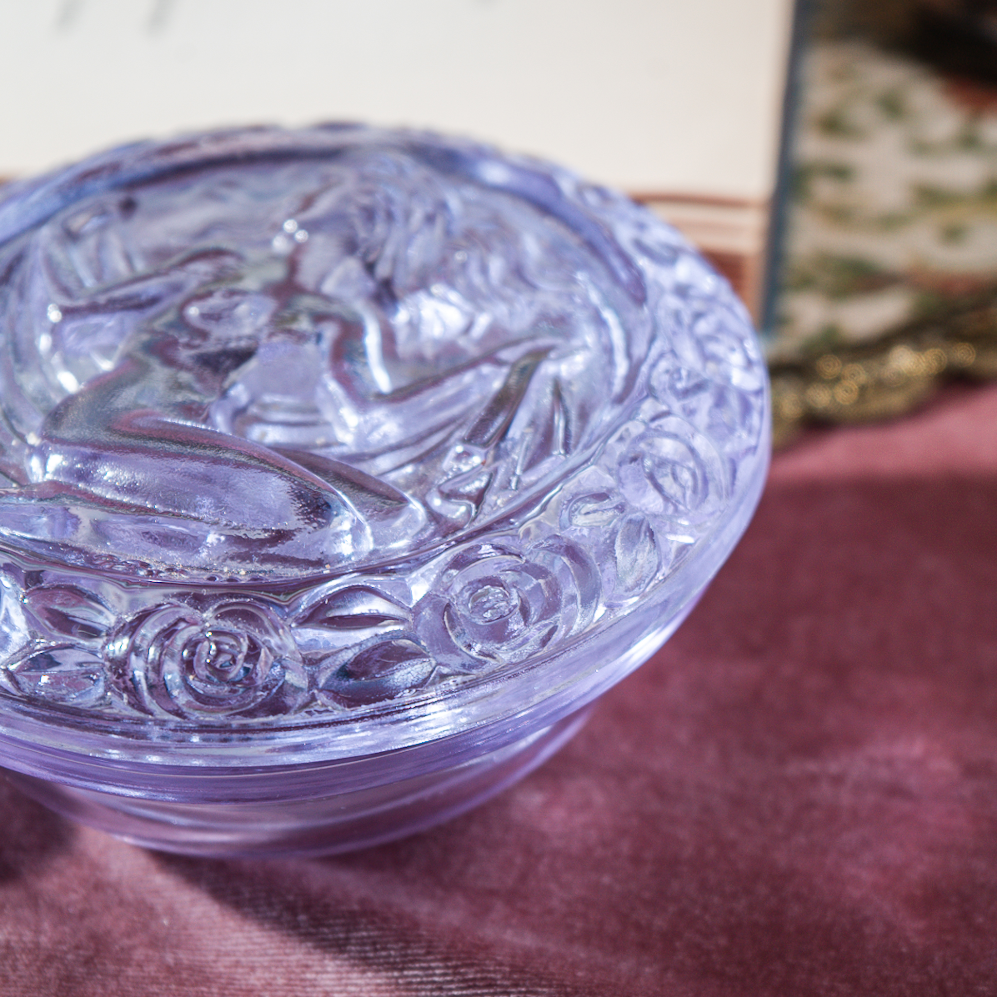 Rare! C.a. 1960s New Old Stock West German Goddess Sculpture with Rose Trim Purple Glass Trinket Box (MZ017)
