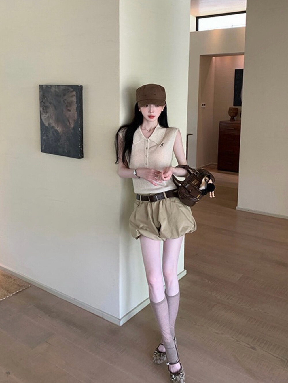 法式无袖Polo衫配复古花苞短裤套装 Women's Sleeveless Polo Shirt and Balloon Shorts Set