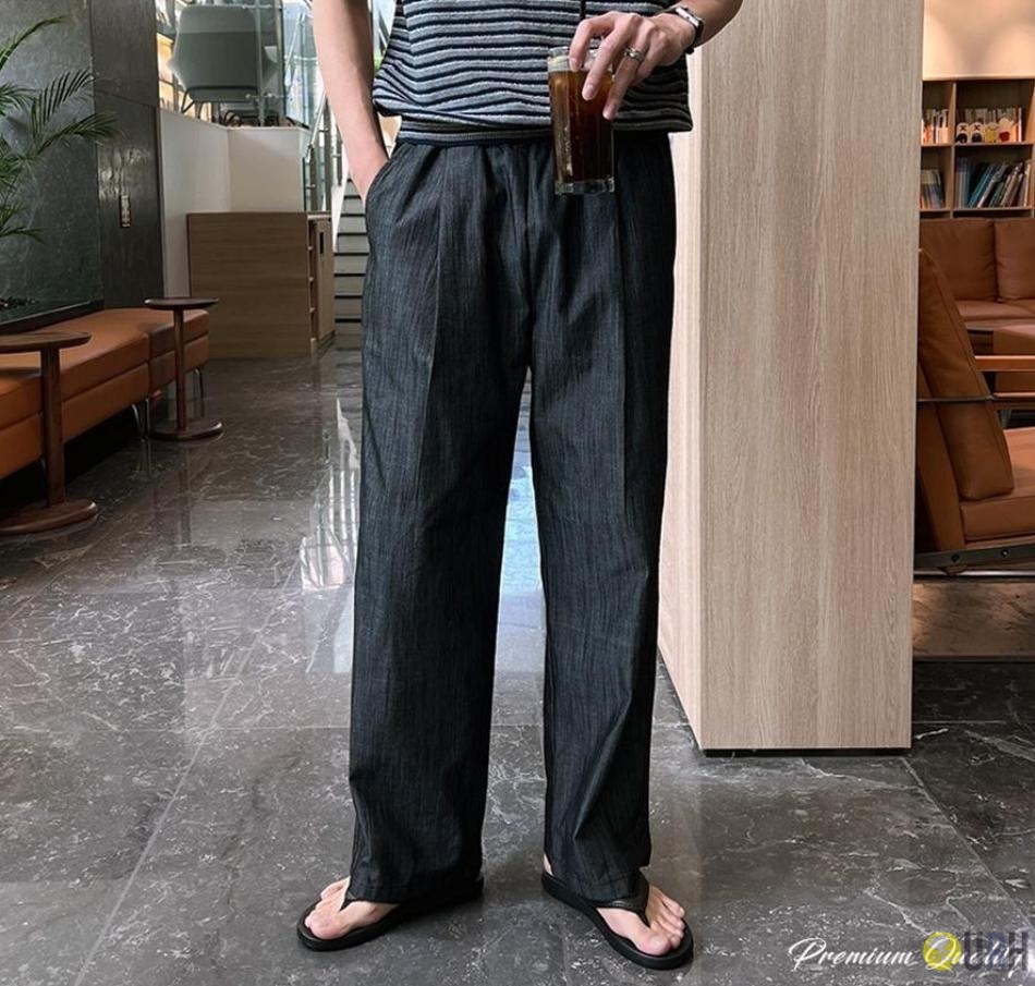 【100%保證韓國直送】Linen Denim 輕盈高透氣亞麻牛仔橡筋腰寬鬆闊腳褲 👖 [4 color] RG115867