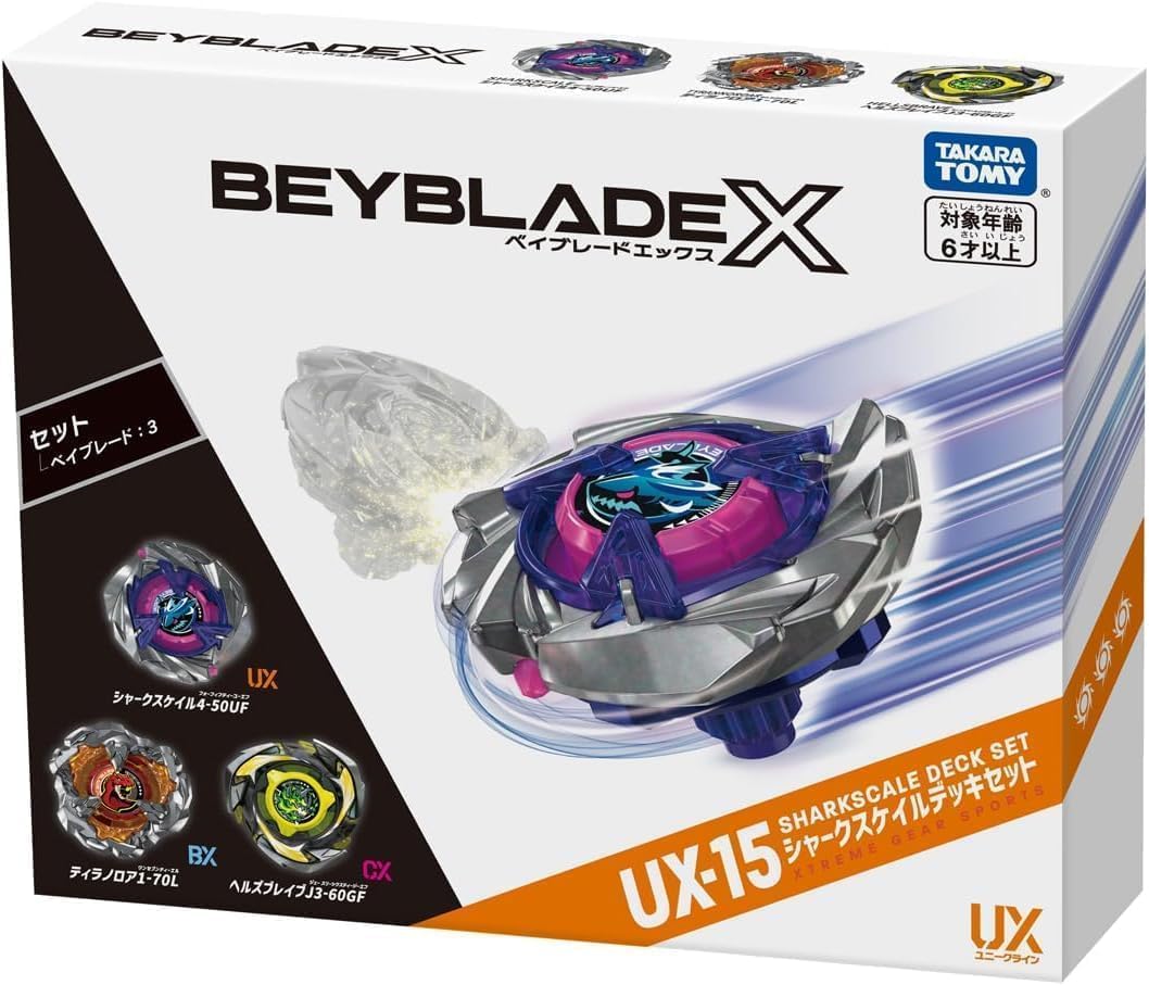 港版現貨 Takara Tomy 爆旋陀螺X Beyblade X - UX-15 鯊魚套裝 三陀螺套裝 (烈鯊鱗甲 4-50Uf, 暴龍咆哮 1-70L, 煉獄勇者 3-60GF)