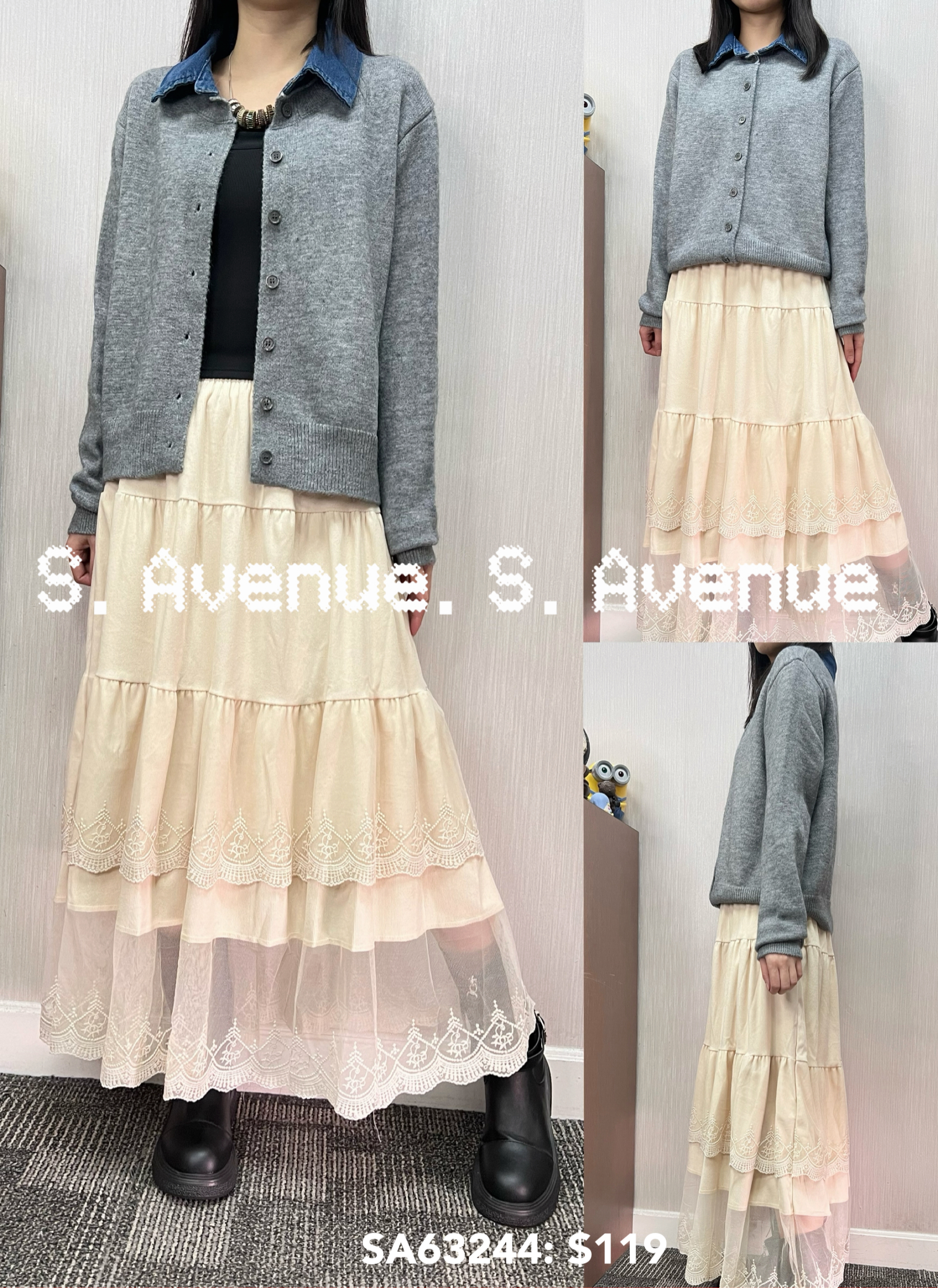 SA63244: 長袖牛仔領有鈕雙著冷top