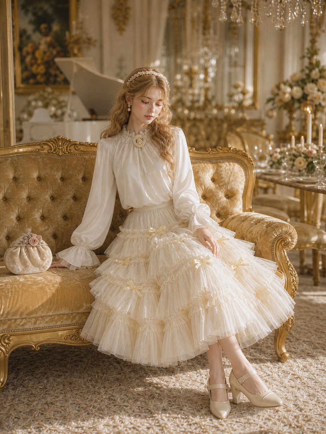 凡爾賽宮廷珍珠蕾絲襯衫 Versailles Court Pearl & Lace Blouse & 幻彩流光蝴蝶結蛋糕裙 Chimeric Shimmer Bow Tiered Cake Skirt