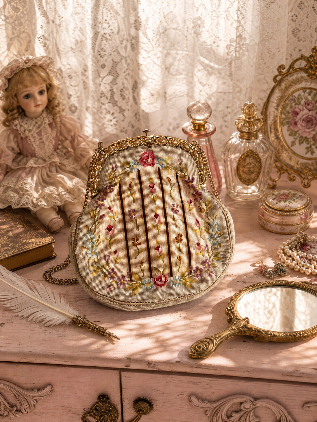 玫瑰詩篇法式宮廷微針刺繡口金晚宴包The Rose Poem of Belle Époque: French Court Petit Point Embroidered Evening Bag