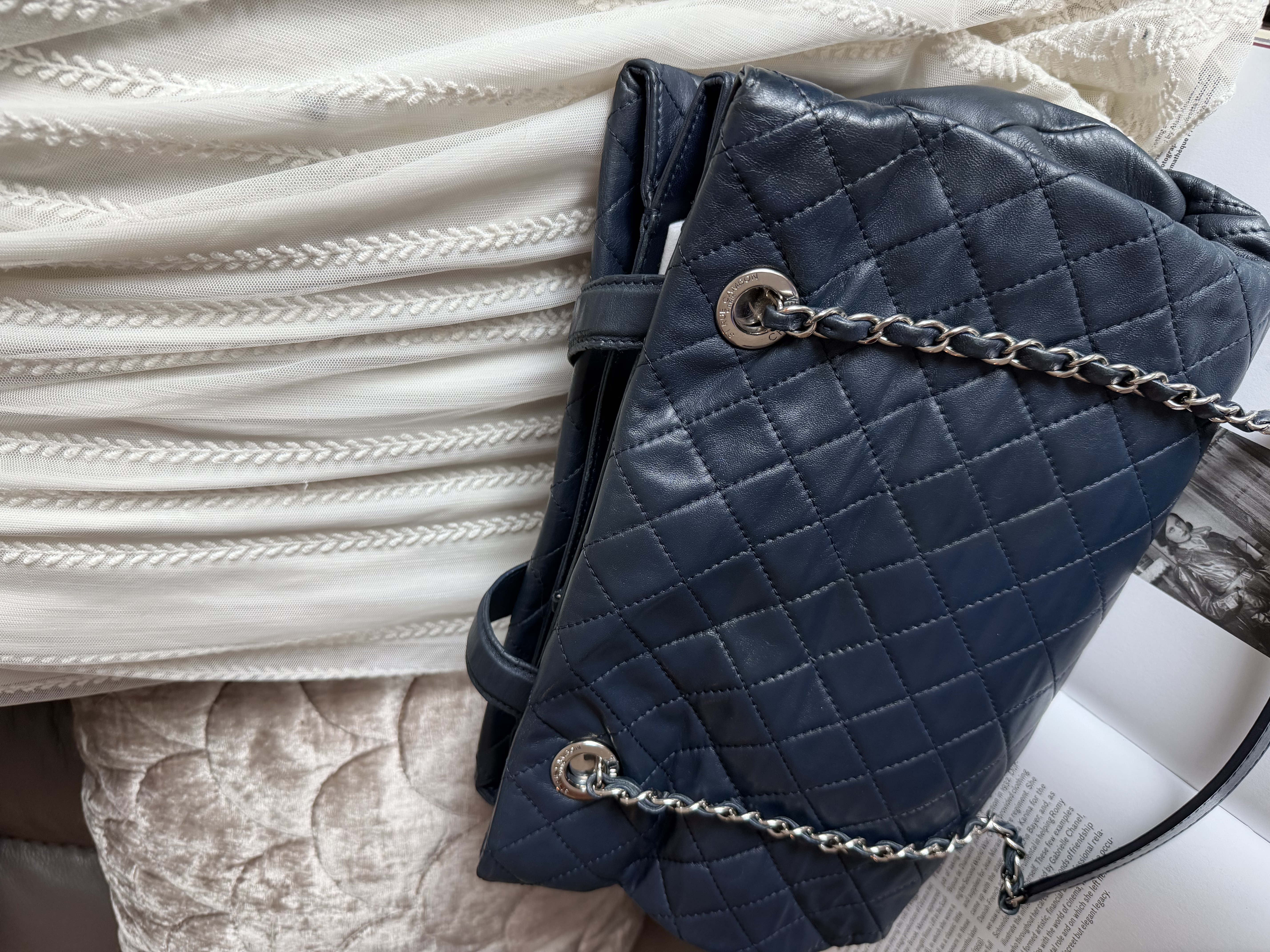 Chanel quilted matelasse navy leather chain bag