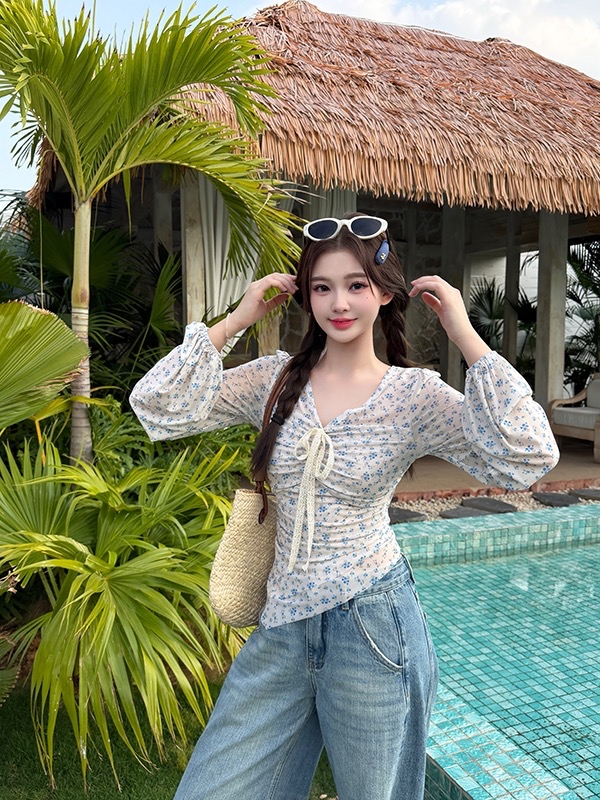 B243(3925) 法式V领系带网格弹力纱灯笼袖斜角下摆4色上衣