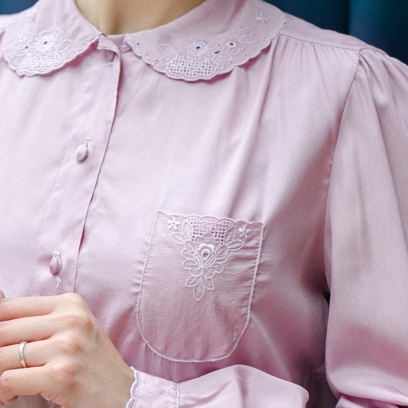 Vintage Japanese Lavender Pink Embroidered Baby Collar Blouse/Shirt(MT1604-7)