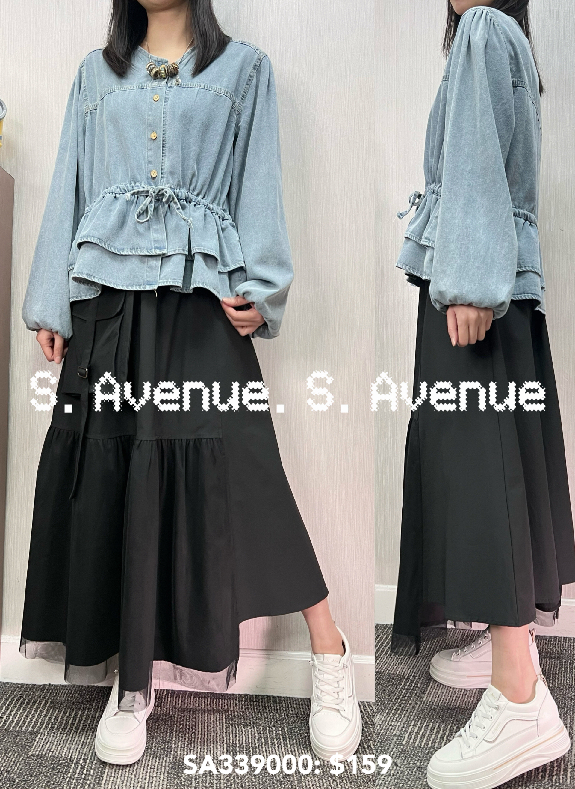 SA339000: 長袖V領牛仔束腰top