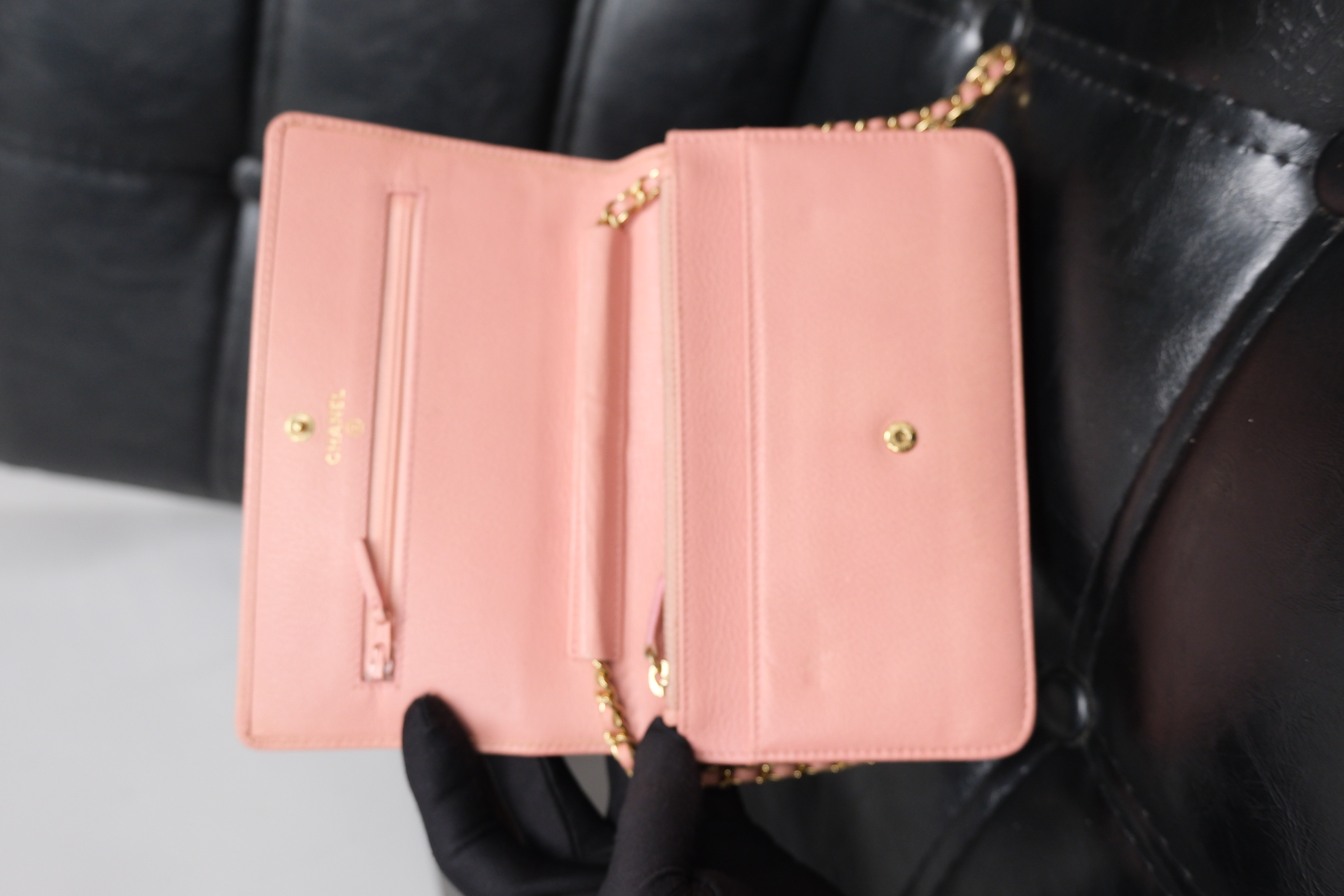 Chanel Camelia Leather Chain Wallet Pink Gold