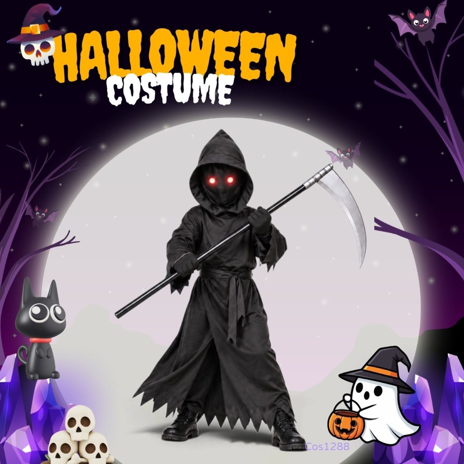 兒童勾魂使者角色扮演服 S–XL Grim Reaper Kids Halloween Costume 發光眼鏡鐮刀 Lets Cosplay COS1288