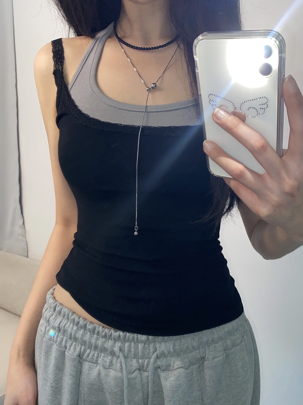 Lace-Trim Halter Layered Tank Top