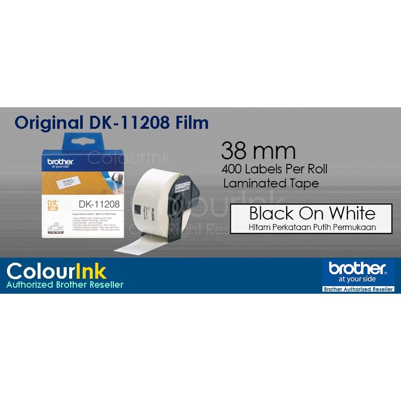 Brother Original Genuine DK-11208 Large Address Label Film Tape (Black On White) QL700 QL800 QL820NWB 11208 DK 11208 DK1