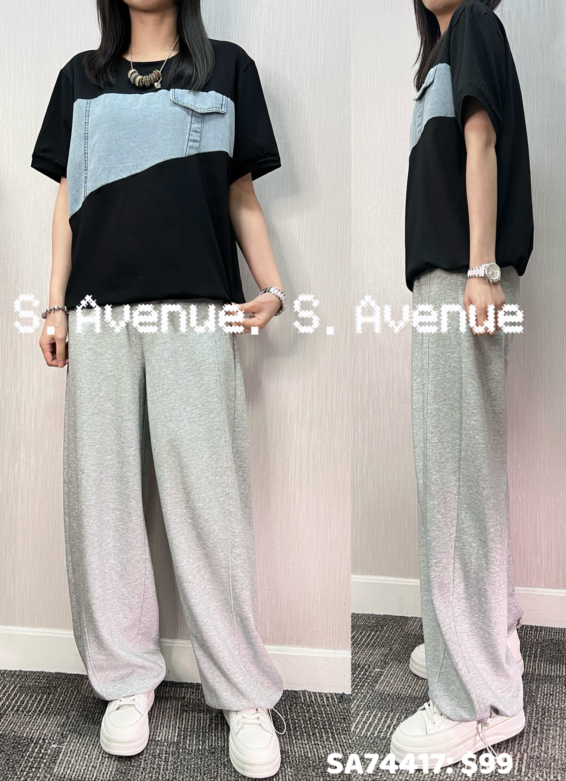 SA74417: 短袖中間牛仔拼布tee