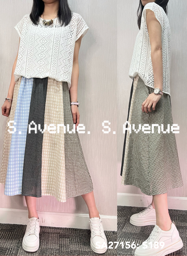 SA27156: 短袖上勾花lace下拼格仔op